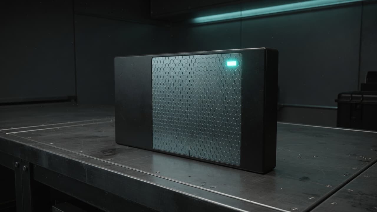 A sealed Knowledge Image cartridge on a dark steel bench, one teal status light.