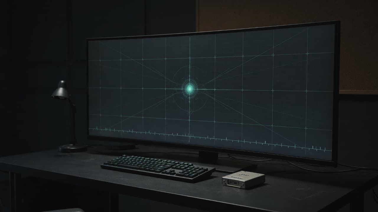 Dark operator desk with an ultrawide inspector and a small Knowledge Image cartridge.