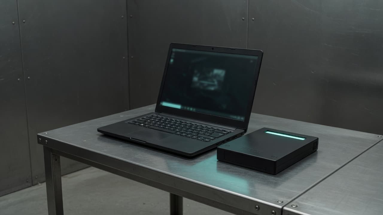 Air-gapped laptop and a sealed Knowledge Image on a metal table, no network.