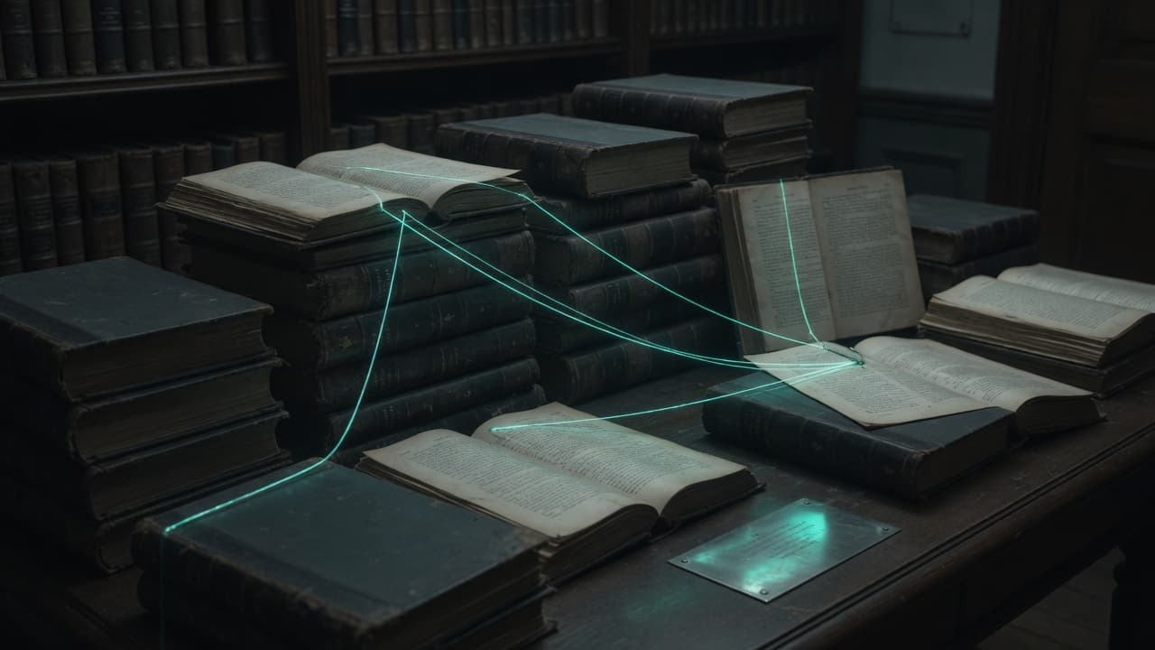 Evidence paths as teal threads connecting volumes of a private archive.